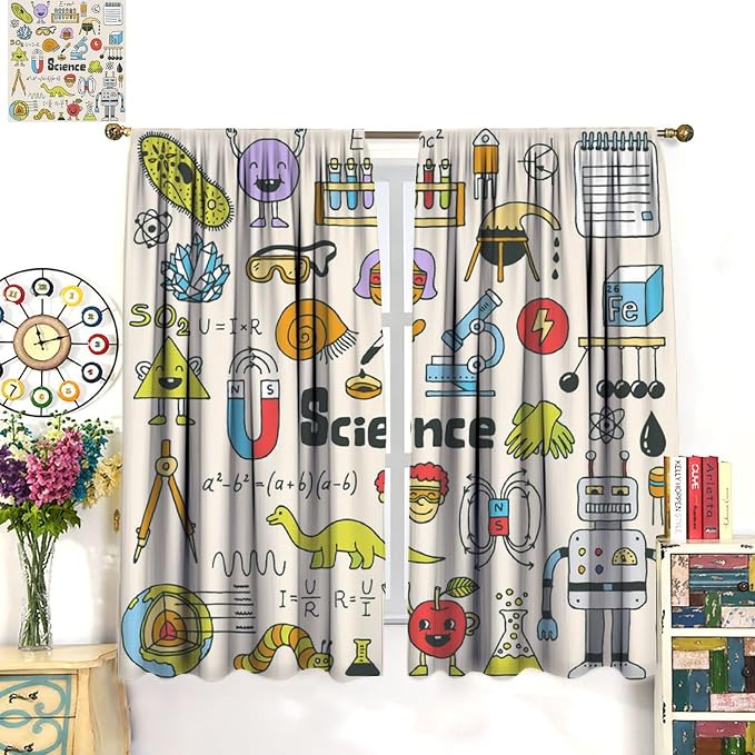 Cartoon Science Bedroom Curtains, Chemistry Science Pharmacy Research Blackout Rod Pocket Window Drapes for Childs Girls Boys Bedroom Living Room Home Set 2 Panels,52x84 Inches