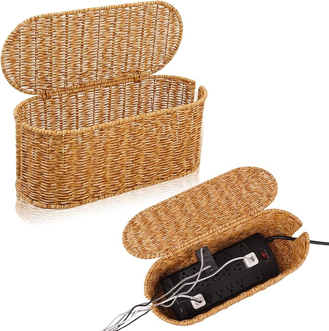 Cable Management Box, Handmade Rattan Cable Organizer, 2 Open Slots Cords Hider Box, Under Desk Cord Organizer for Computer Router USB Hub & Power Strip, Patent Pending, 15.9" x 6.5" x 6.5", Natural