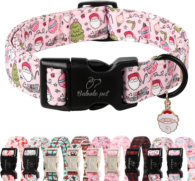 Christmas Dog Collar for Medium Dogs - Cute Santa Print Pink Christmas Collars for Dogs, Soft Adjustable Winter Holiday Dog Collars with Quick Release Buckle M