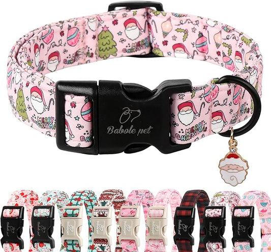 Christmas Dog Collar for Giant Large Dogs - Cute Santa Print Pink Christmas Collars for Dogs, Soft Adjustable Winter Holiday Dog Collars with Quick Release Buckle XL