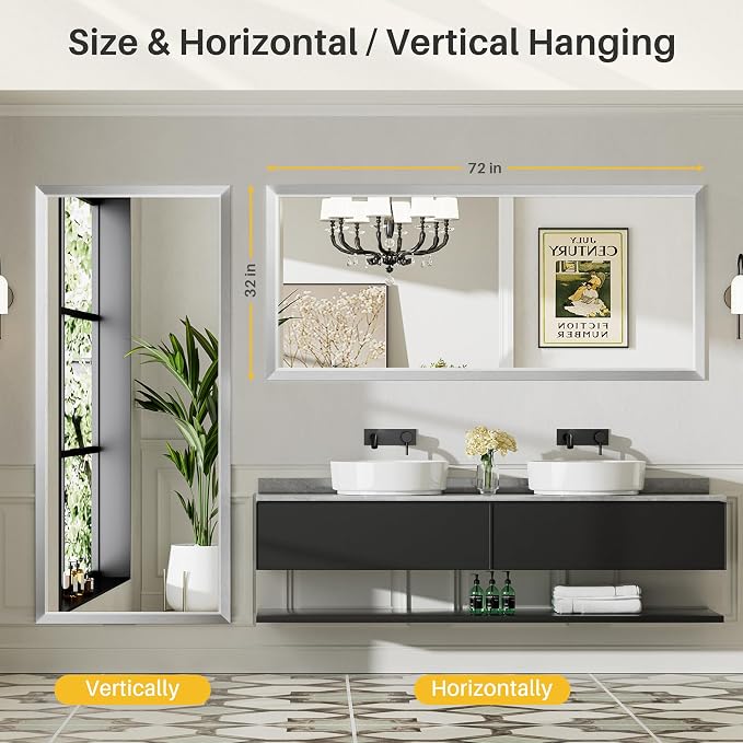 72x32 Inch Brushed Silver Bathroom Mirror