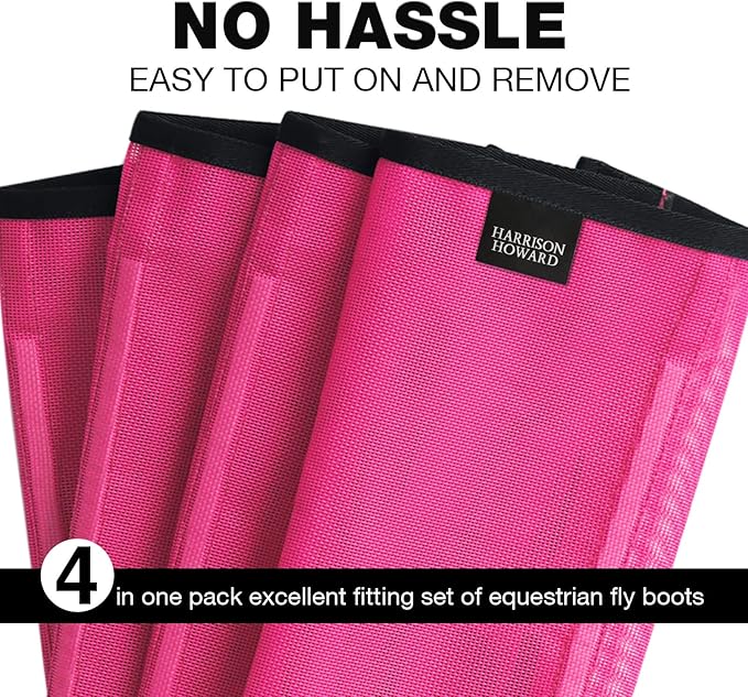 Harrison Howard Loose Fitting Fly Boots UV-Protective Extra Tough Mesh Ventilated Four Fasteners Stay-on Design Protect Horse Legs & Stomp-Reducing Set of 4 Magenta Mini