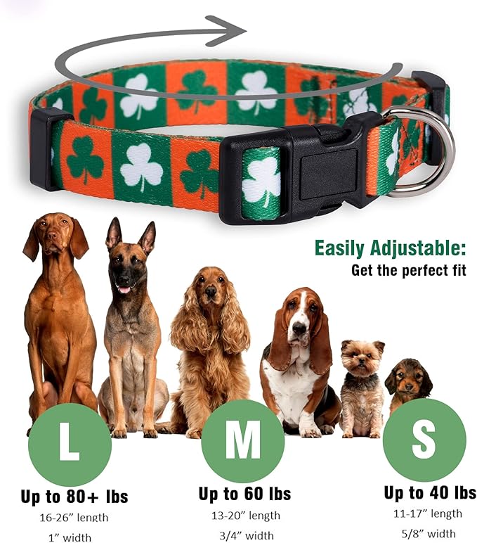 Native Pup St Patricks Dog Collar- Saint Patrick Green Shamrock Pet Collars- St. Patrick’s Lucky Irish- Adjustable for Small, Medium, Large Breeds (Green & Orange Shamrock, Small)