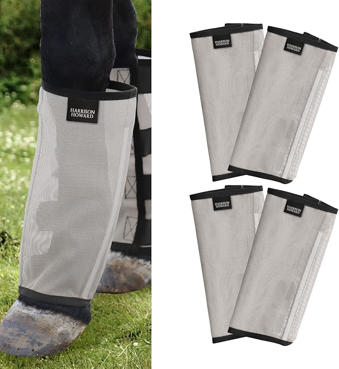 Harrison Howard Loose Fitting Fly Boots UV-Protective Extra Tough Mesh Ventilated Four Fasteners Stay-on Design Protect Horse Legs & Stomp-Reducing Set of 4 Silver Grey Large