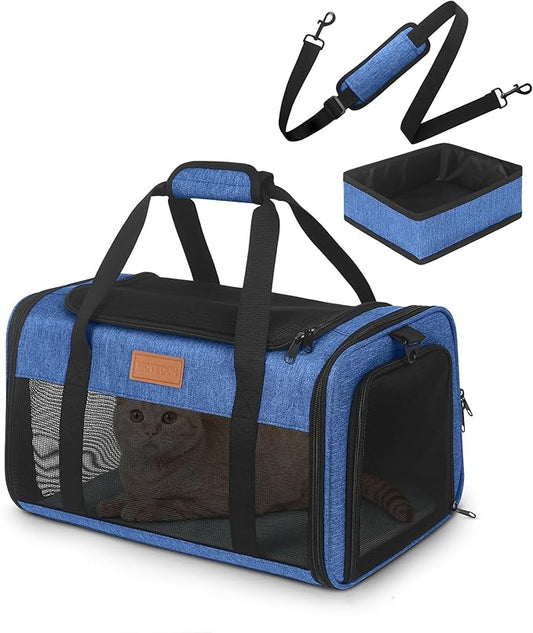 PETUX Airline Approved Pet Carrier - 17x11x9.5 in, Underseat, Top & Side Entry, Soft Sided Cat Dog Carrier for Small Cat & Dog Up to 12 lbs with Anti-Scratch Mesh & Litter Box for Travel & Vet - Blue