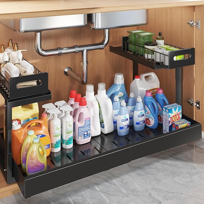 1 Pack-19"-32"W Expandable Under Sink Organizer With Upgrade Ball-Bearing Slide,2-Tier Pull Out Under Cabinet Organizer Height Adjustable,Not Suitable For Cabinets With Partitions In The Middle