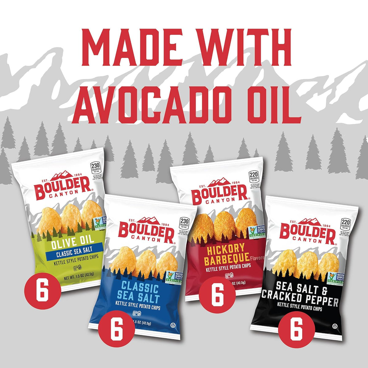 Boulder Canyon Kettle Style Potato Chips Variety Pack, 24 Count, Assorted 1.5oz. Bags, Olive Oil Classic Sea salt, Hickory BBQ, Sea Salt & Cracked Pepper, Classic Sea salt