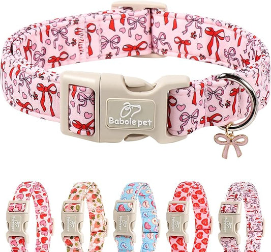 Girl Dog Collar for Small Dogs - Cute Heart Bow Print Girly Dog Collars, Soft Adjustable Spring/Summer Holiday Female Dogs Collar with Quick-Release Buckle XS