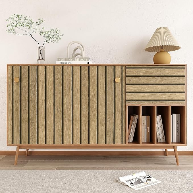 VEELIKE Natural Light Oak Wood Slat Peel and Stick Wallpaper Wood Panel