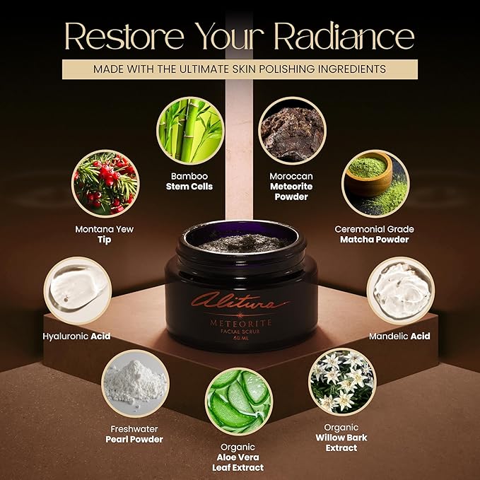 Alitura Meteorite Scrub – Exfoliating Face & Body Scrub with Pearl Powder & Bamboo Stem Cells – Brightening & Anti-Aging Exfoliant for Dead Skin, Dark Spots, and Fine Lines – For Men & Women, 60ml