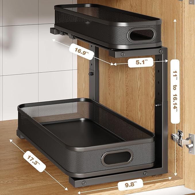 2 Pack 17.3IN-Depth Under Sink Organizer with Smooth Cylindrical Rail,2-Tier Pull Out Multi-Purpose Cabinet Storage for Bathroom&Kitchen,Height Adjustable,Rust-Resistant Coating-Black