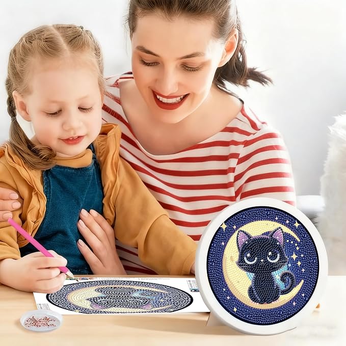 Gemozaic Cat Diamond Art Kits for Kids Ages 6-8-12, Round Frame, 8 x 8 Inch | Black Cat Diamond Art for Kids 6 8 10 12 Year Old, Easy Kid Gem Painting, Cute Animal Arts and Crafts for Girl Birthday Gift