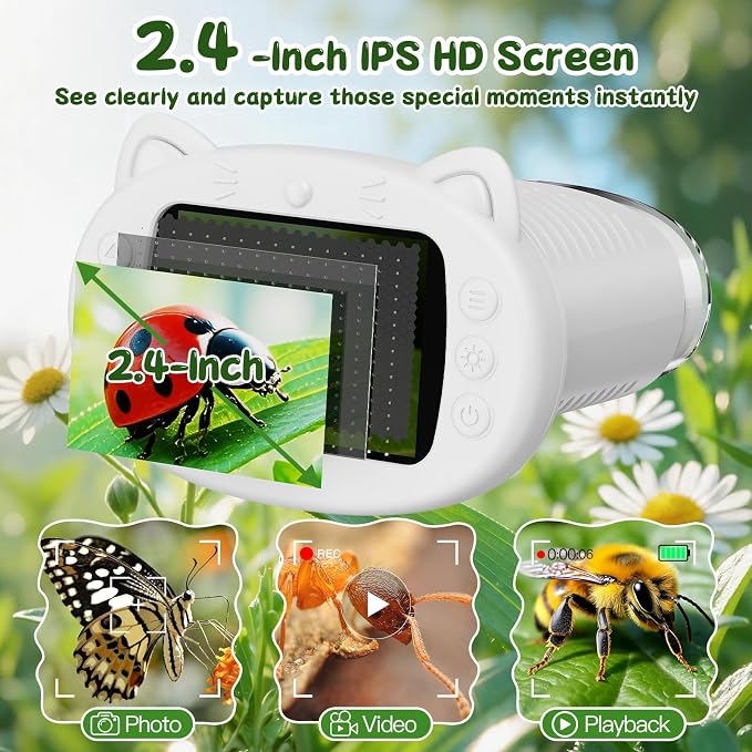 SEEKID Kids Microscope,1000X Handheld Digital Microscope (White) | 2.4" IPS Screen | Rechargeable Handheld | 8 LED Lights | STEM Toy for Exploring Science | Ages 5–12