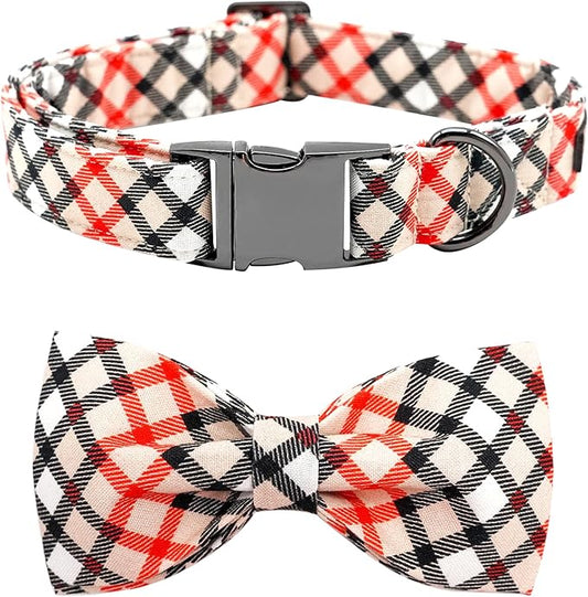 Dog Collar, Bow Dog Collar Beige Plaid Pet Collar Cute Pet Bow Soft Girl or Boy Puppy Collars with Metal Buckle Adjustable Collars for X-Small Dogs