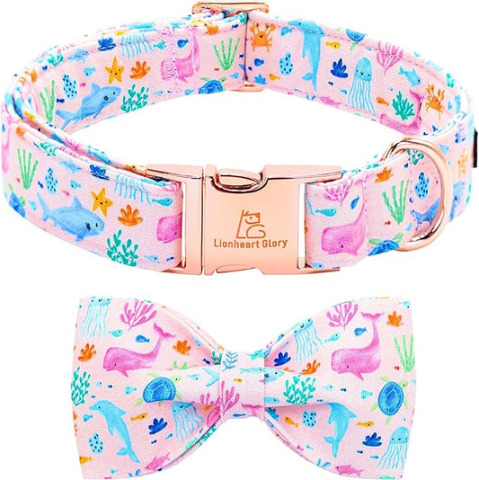 Lionheart glory Dog Bow Collar Sea Animals Print Pink Dog Collar for Small Dogs,Female Male Dog Collars with Bowtie Spring Summer Collars Soft Adjustable Pet Collar Bows