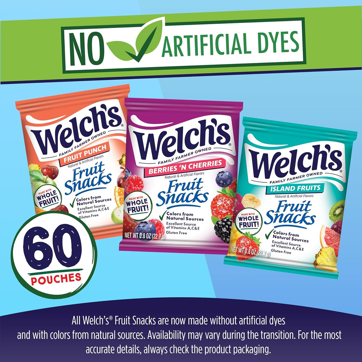 Welch's Fruit Snacks, Fruit Punch, Island Fruits & Berries 'N Cherries Snack Box, Gluten Free, 0.8oz Snack Packs (Pack of 60)