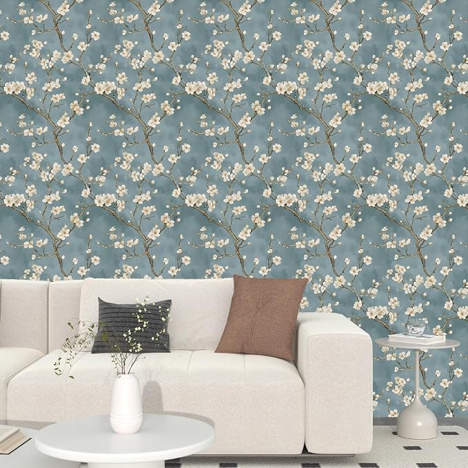 Vintage Floral Wallpaper Peel and Stick Blue White Flowers Contact Paper Vinyl