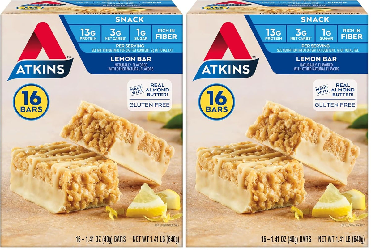 Atkins Lemon Flavored Snack Bar, High Protein Bar, Low Sugar and Low Carb, Keto Friendly Snack, Gluten Free, High in Fiber, Made with Real Almond Butter, 16 Count