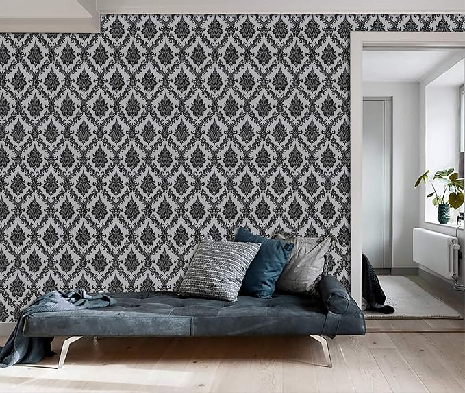 17.7" x 394" Black Peel and Stick Wallpaper Black Vintage Wall Paper