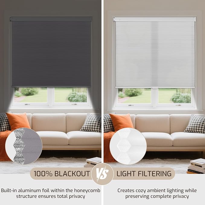 Grandekor No Drill No Tools Cordless Cellular Shades, 26.5" W x 64" H, UV