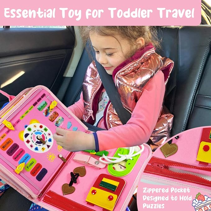 TenFans Busy Board for Toddlers 3+ Years Old, Montessori Sensory Toy | Gifts for Girl Learning Fine Motor Skills - Educational Activities Travel Toys for Car Airplane