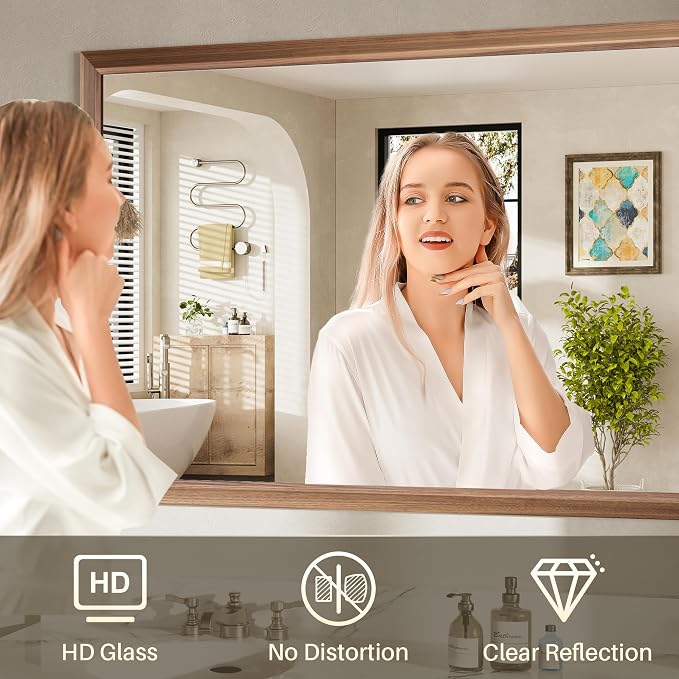 48x32 Inch Bathroom Mirror for Wall, Anti-Rust Walnut Wood Grain Metal Framed