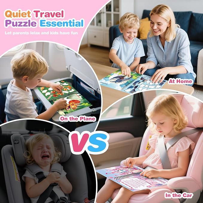4Pcs Educational Sticker Puzzle Book for Kids, Travel Puzzle Sticker by Number Activity Books with Story - Airplane Car Road Trip for Girls Kids Early Learning, Screen Free, Separation Anxiety Gifts