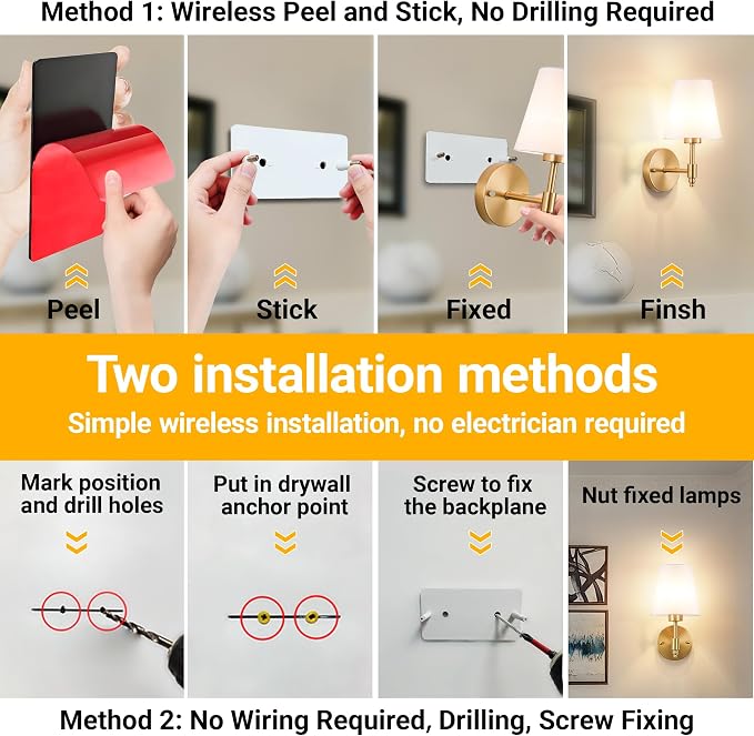 Vimhou Peel and Stick Wall Sconces, Stick On Wall Sconce Set of 2, Battery
