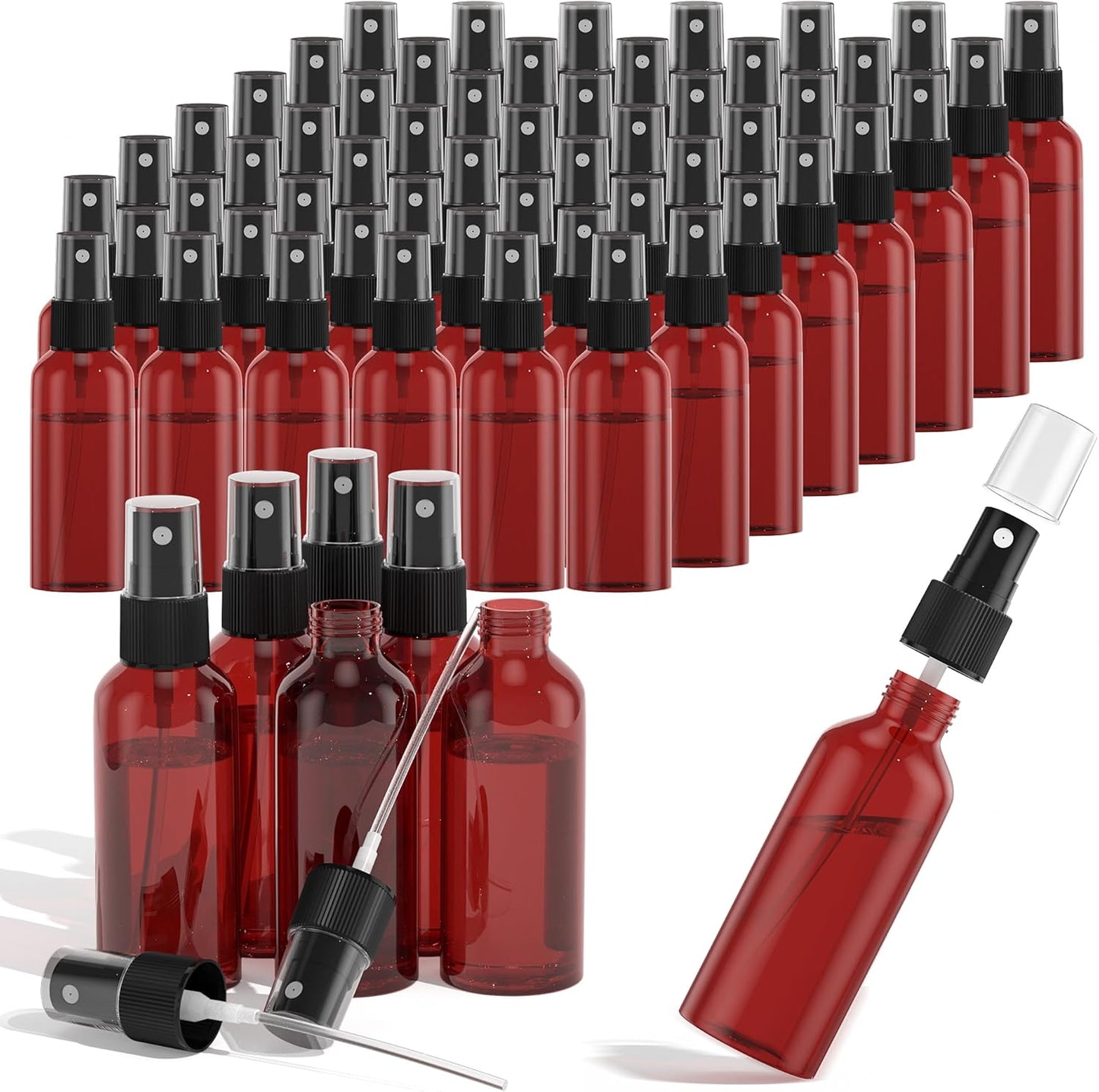 100Pack Small Spray Bottles 2oz, 60ml Travel Spray Bottle Bulk Black Fine Mist Sprayer, Empty Refillable Containers Portable Cosmetic Plastic Spray Bottles for Cleaning, Misting & Skin Care-Brown