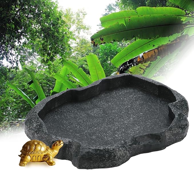 HEEPDD Reptile Bowl, Resin Rock Reptile Food and Water Feeder Pet Aquarium Ornament Terrarium Dish Plate for Tortoise Lizard (Dark Green M)
