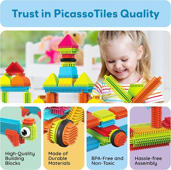 PicassoTiles 240 Piece Hedgehog Bristle Blocks 3D STEM Building Toy Ages 3+ | Easy angle-to-angle connections, vivid colors, creative exploration, spatial reasoning, fine motor skills, solo or group play
