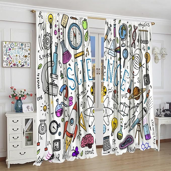 Science Symbols Kids Curtain Sketches Cartoon Chemistry Physics Geometry Education Pattern Print Window Drapes for Bedroom Living Room Kitchen Decor,2 Panel Set,84x84 Inch Blackout