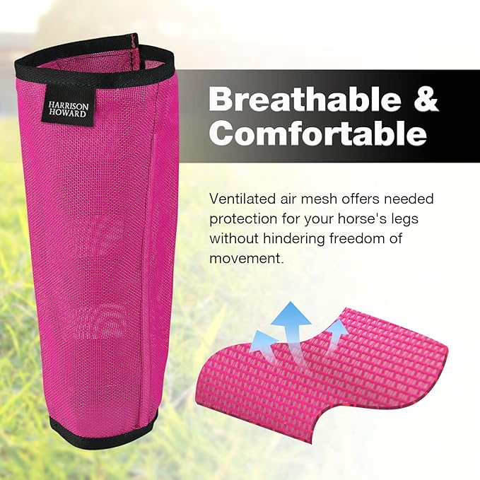 Harrison Howard Loose Fitting Fly Boots UV-Protective Extra Tough Mesh Ventilated Four Fasteners Stay-on Design Protect Horse Legs & Stomp-Reducing Set of 4 Magenta Yearling