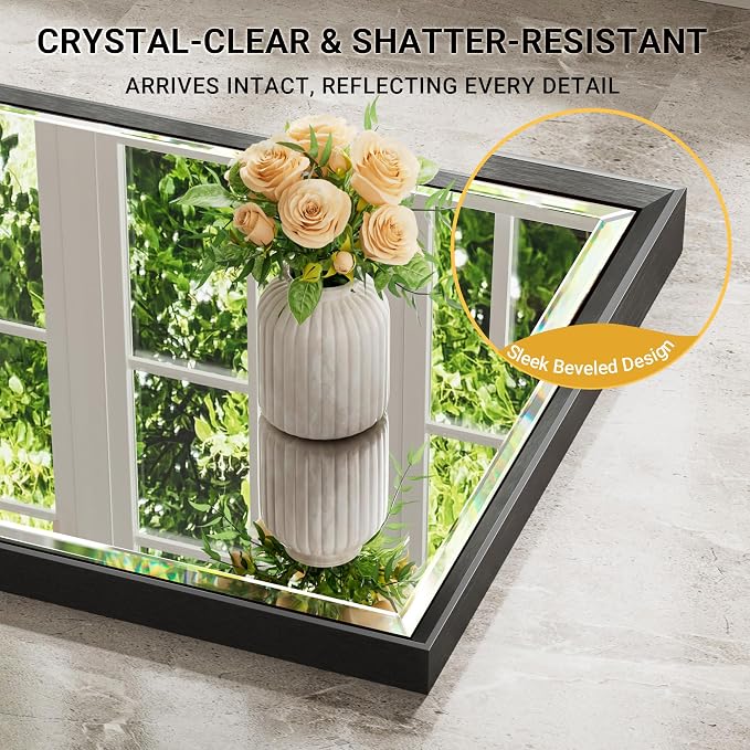 48 x 30 Black Framed Mirror for Bathroom, Beveled Black Bathroom Vanity Mirror