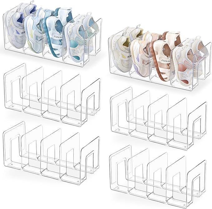 HBlife Clear Acrylic Kids Shoe Rack for Closet, 6 Pack, 4 Sections, Stackable, Crystal Clear, 4 Pairs Capacity