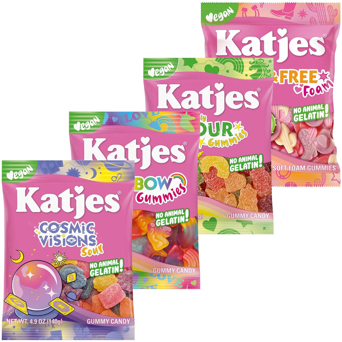 Katjes Vegan Gummy Candy Assortment, 4.9 oz Bags, 4 Flavor Pack - Rainbow Sour Wild Free Cosmic Visions Chewy Gummies – Gelatin-Free, Plant Based Sweet Fruity Snacks