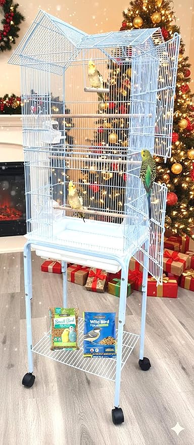 63" Roof Top Canary Parakeet Cockatiel Lovebird Finch Roof Top Bird Parrot Home Cage Side Nesting Box Doors with Removable Rolling Stand