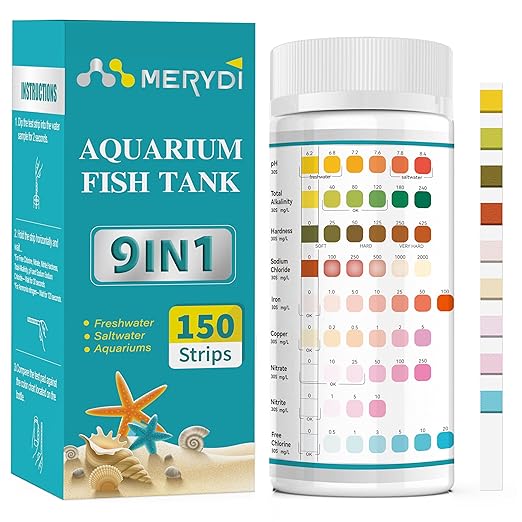 Aquarium Test Strips, 9 in 1 Fish Tank Test Kit for Freshwater Ponds, 150 ct Quick & Accurate Water Testing Iron Copper Sodium Chlorine Nitrate Nitrite Total Alkalinity Hardness Free Chlorine pH