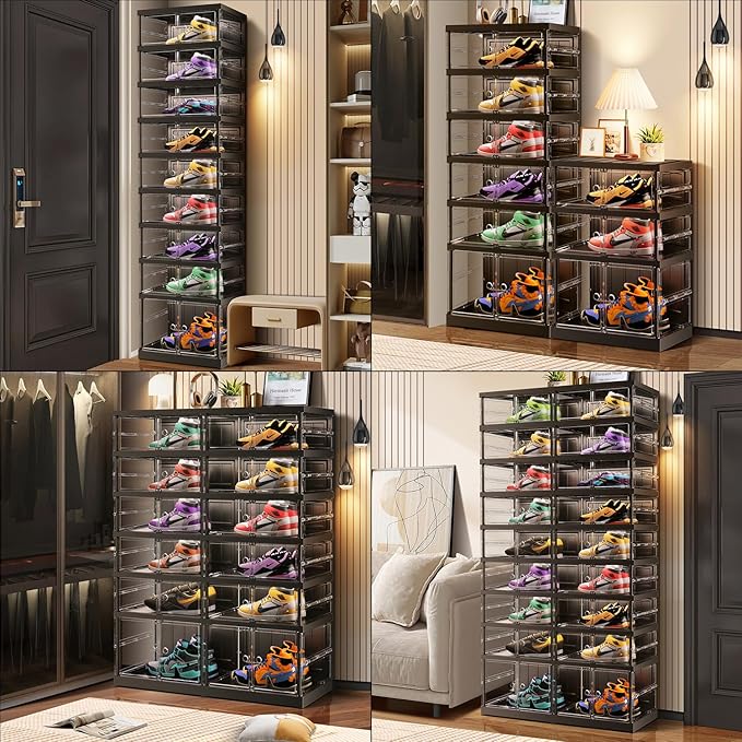 CIMLORD 9-Tier Foldable Shoe Rack for Closet Entryway 9-18Pairs,Stackable Clear Shoe Storage Boxes Organizer with Door Plastic Small Shoe Cabinet Bins with Lids Shoes Shelf Easy Assembly Black