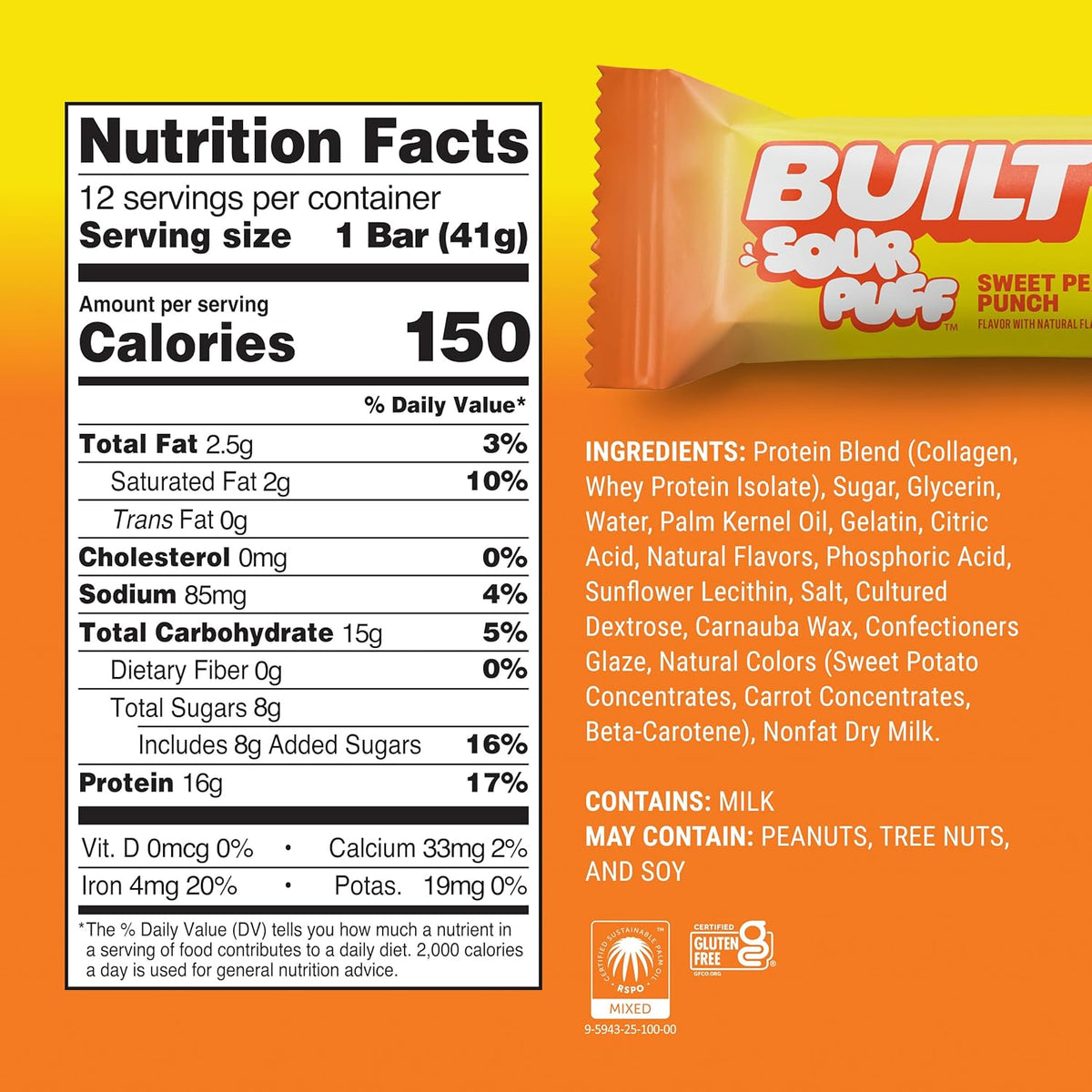 BUILT Bar Sour Puff Protein Bars - Sweet Peach Punch - 16g Protein Snack Bars with Collagen - Calorie Conscious & Gluten Free - 12 Count