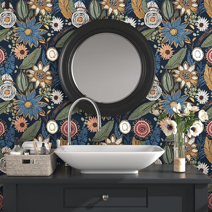 Blue Wallpaper Peel and Stick, Vintage Boho Floral Contact Paper 17.5" x 118"