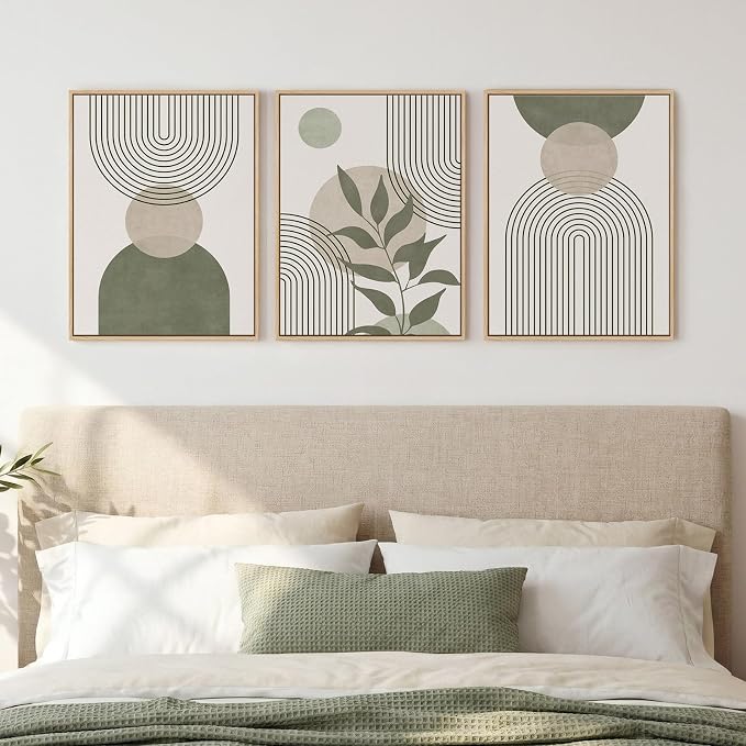 Framed Sage Green Boho Wall Art Bedroom, 3 Piece Beige Bohemian Canvas