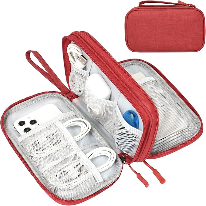 FYY Electronic Organizer, Travel Cable Organizer Bag Pouch Electronic Accessories Carry Case Portable Waterproof Double Layers Storage Bag for Cable, Cord, Charger, Phone, Earphone, Medium Size, Red