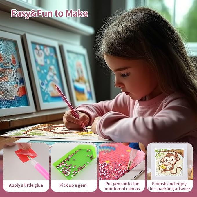 Gemozaic Monkey Diamond Art Kits for Kids Ages 4-8-12 with Frame, 7 x 7 in | Cute Monkey Diamond Art for Kids 10 Year Old, DIY Easy Kid Big Gem Painting, Animal Arts and Crafts for Girl Birthday Gift