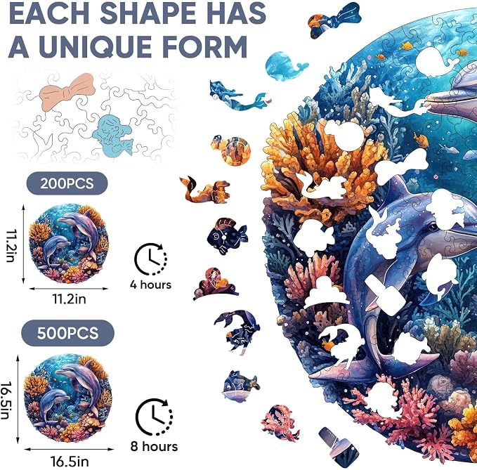 Qiuenisray Wooden Puzzles for Adults, Dolphins Jigsaw Puzzles 200 Pieces | FSC Certified Unique Shape Ocean Puzzles 11.2x11.2 in, Beautiful Decor, Unique Wood Puzzle, Creative Gift for Family Game