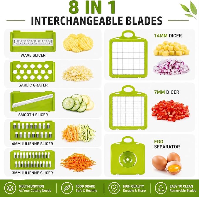 16-in-1 Vegetable Chopper with Container, 8-Blade Food Chopper, Onion Chopper, Veggie Cutter & Mandoline Slicer, BPA-Free Kitchen Gadget