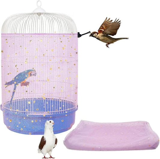Bird Cage Cover, 45-90'' Adjustable, Universal Nylon Mesh Net, Bird Cage Skirt Guard, Purple
