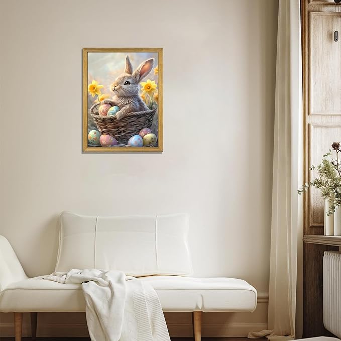 Easter Bunny Wall Art, Cute Rabbit Canvas Wall Decor Painting, Easter Eggs