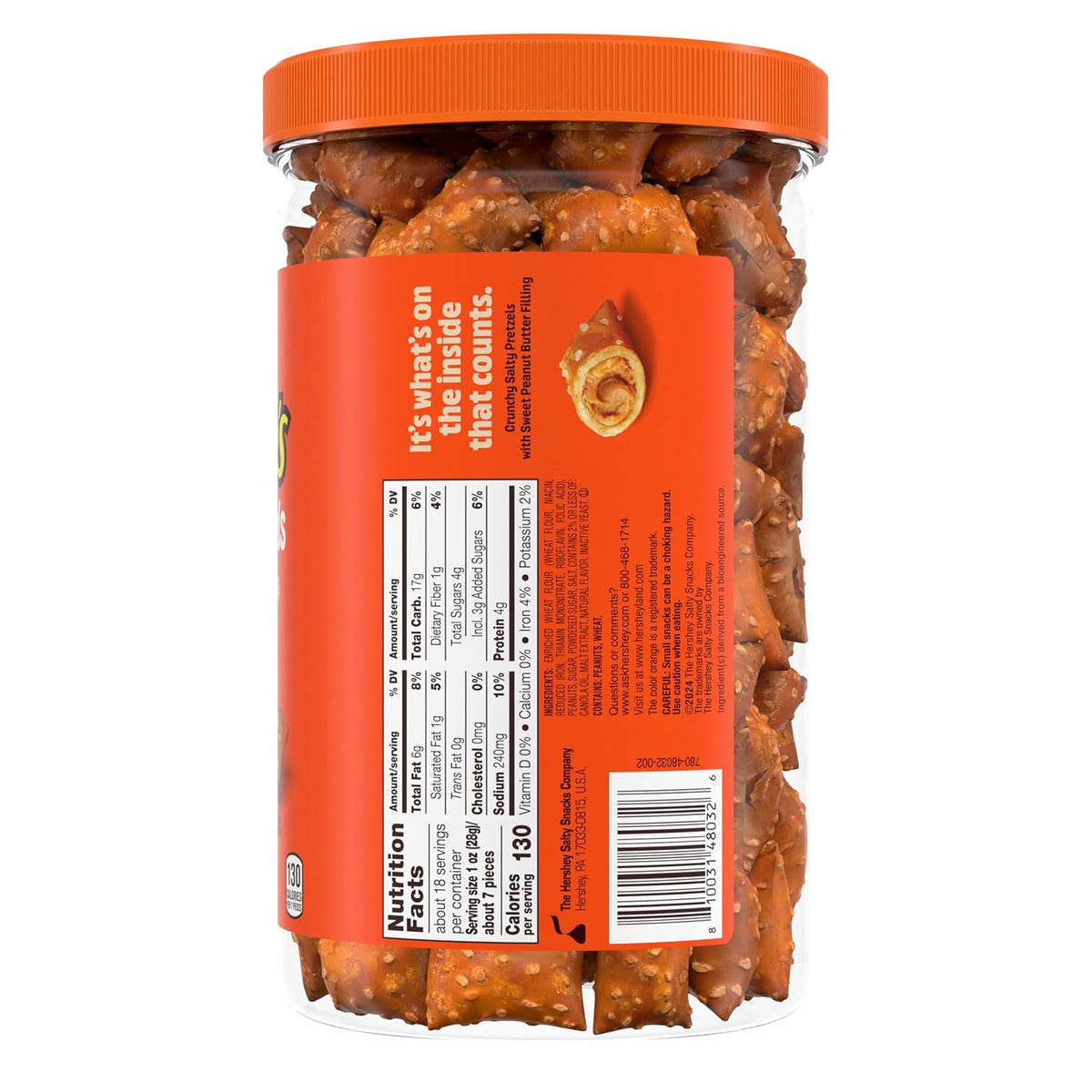 reeses peanut butter filled pretzels, crunchy pretzel nuggets, 18oz jar, sweet and salty snack