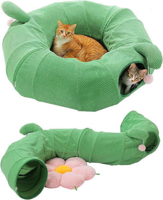 PEQULTI Cat Tunnel with Bed for Indoor Cats, Cat Play Donut Tunnel with Washable Soft Plush Flower Mat, Round Tube Toys Cute Tube for Kittens, Puppies, Rabbits and Ferrets, Green&Pink